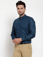 Jainish Navy Men's Cotton Solid Mandarin Collar Formal Shirts ( SF 726Teal ) | Grocsy