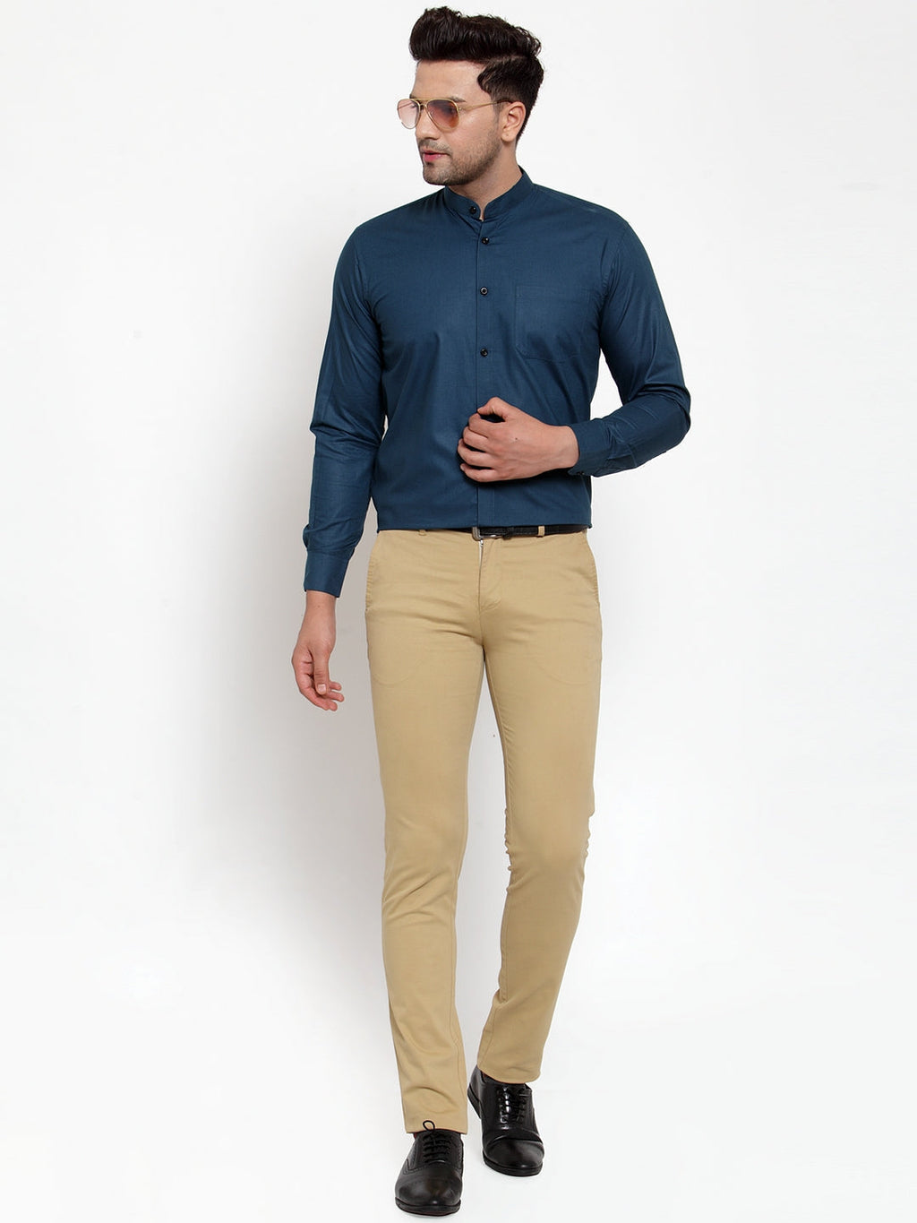 Jainish Navy Men's Cotton Solid Mandarin Collar Formal Shirts ( SF 726Teal ) | Grocsy