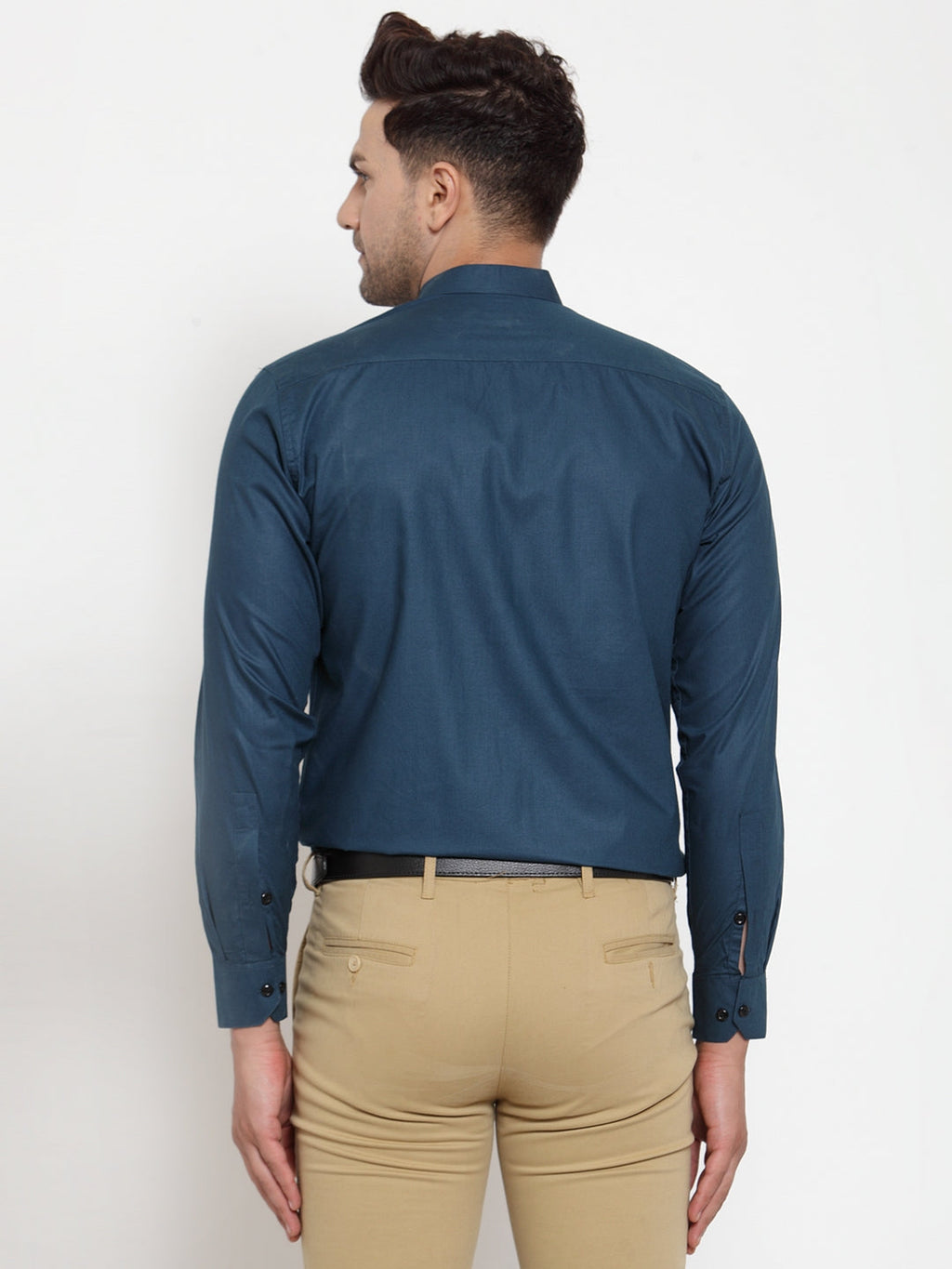 Jainish Navy Men's Cotton Solid Mandarin Collar Formal Shirts ( SF 726Teal ) | Grocsy