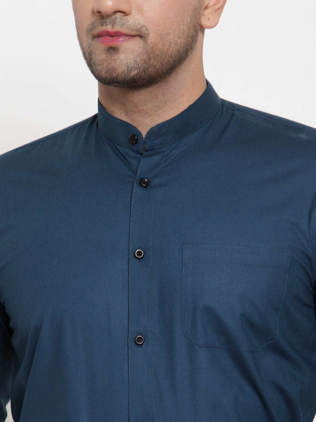 Jainish Navy Men's Cotton Solid Mandarin Collar Formal Shirts ( SF 726Teal ) | Grocsy