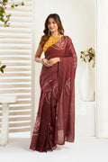 Vastranavya Dark Brown Digital Printed Linen Ready To Wear Designer Saree with Unstitched Blouse | Grocsy