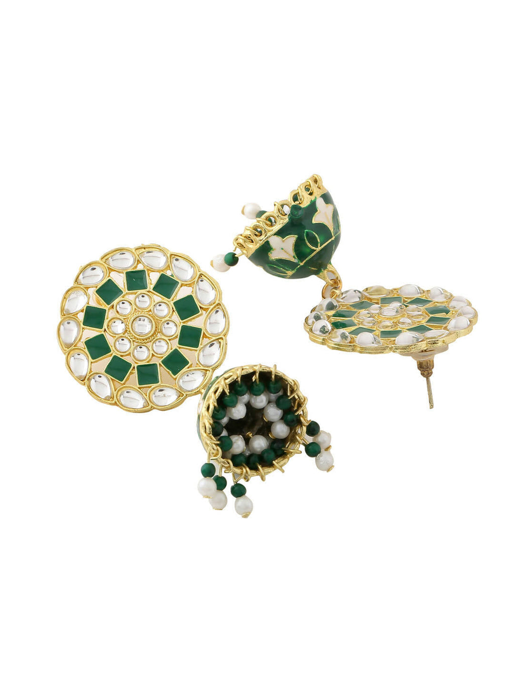 NVR Women Gold-Polished Green Dome Shaped Meenkari Jhumkas Earrings | Grocsy