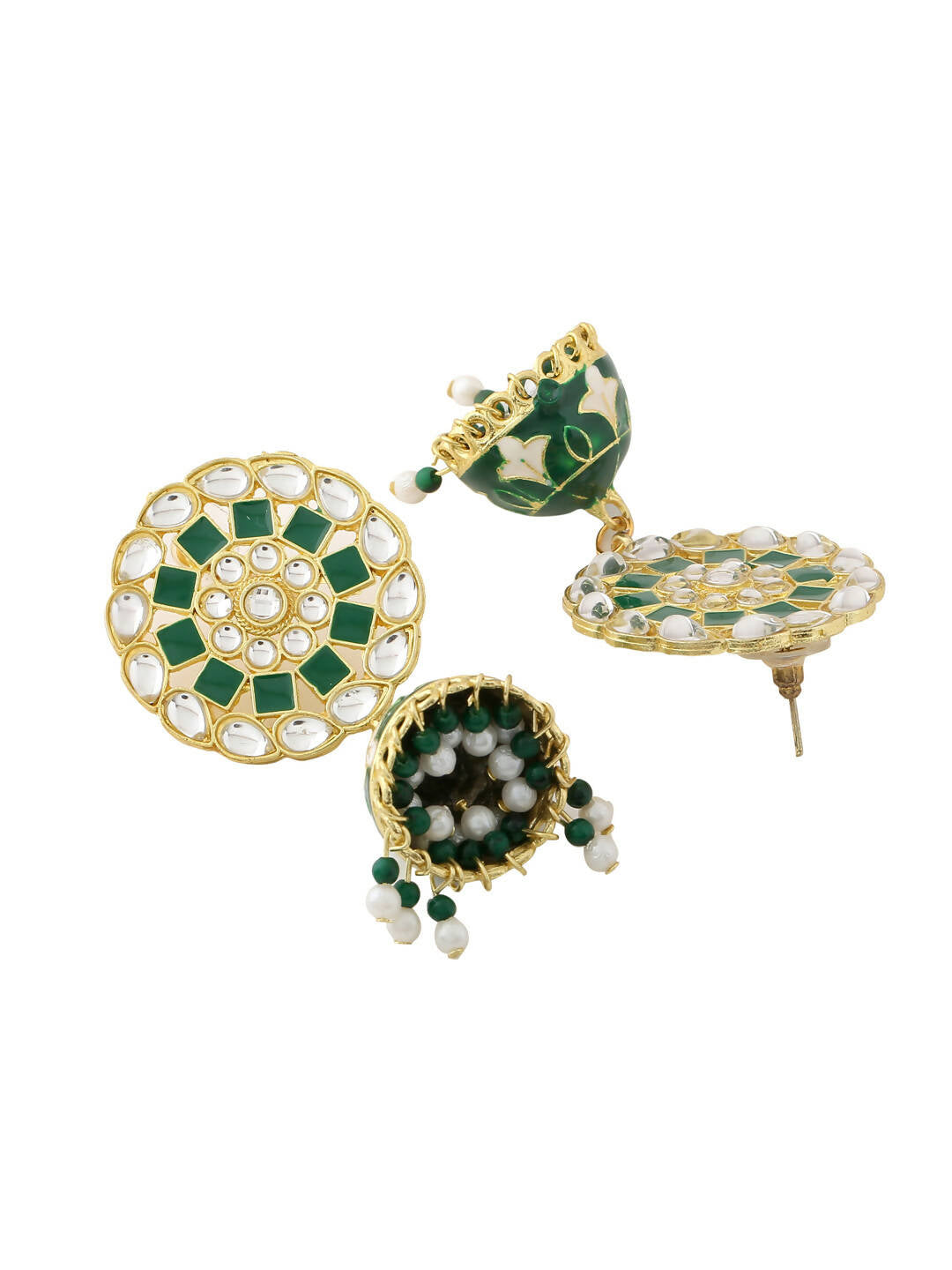NVR Women Gold-Polished Green Dome Shaped Meenkari Jhumkas Earrings | Grocsy