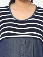 Manet Half Sleeves Maternity Dress White Striped With Concealed Zipper Nursing Access - Navy | Grocsy