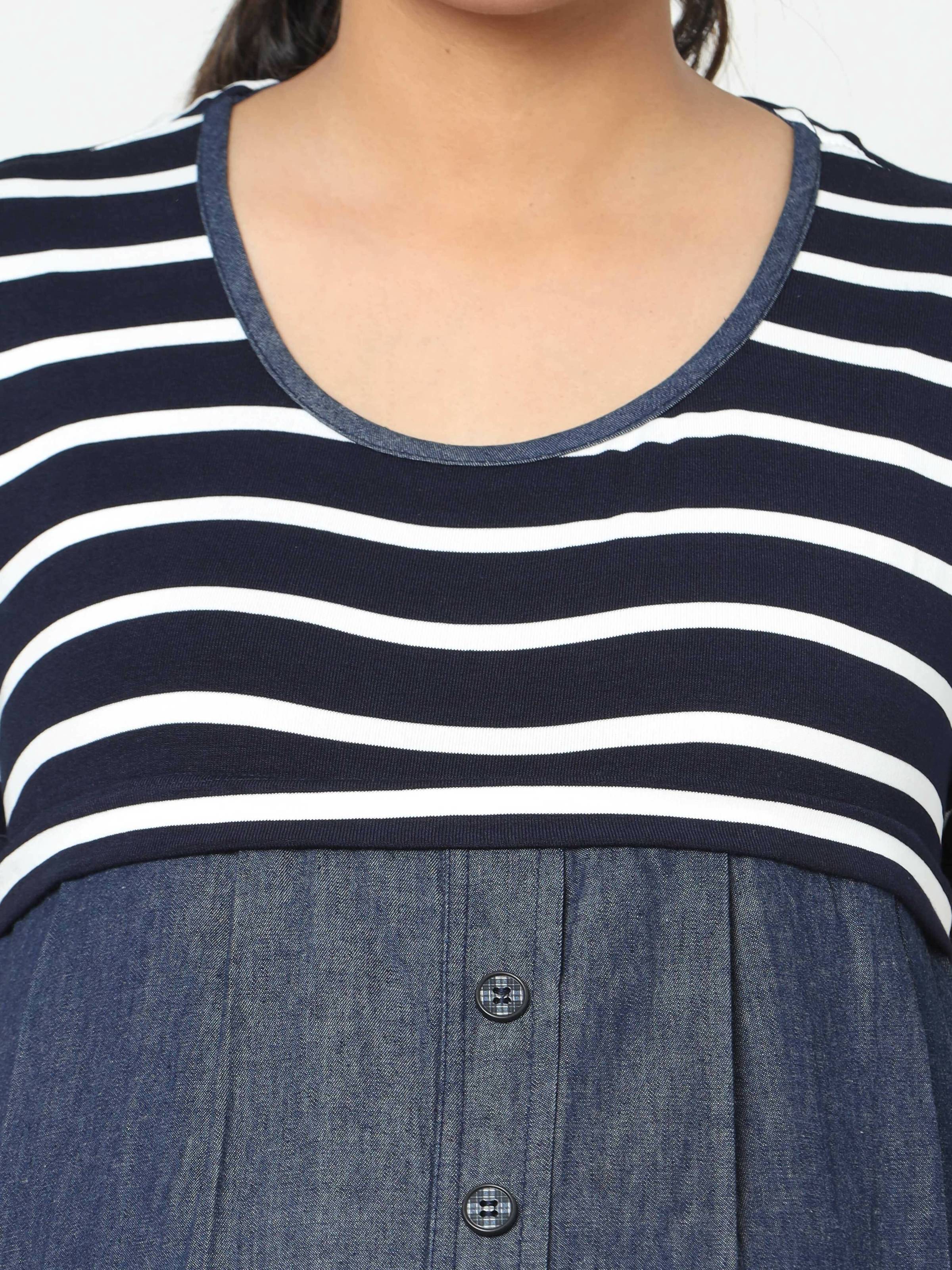 Manet Half Sleeves Maternity Dress White Striped With Concealed Zipper Nursing Access - Navy | Grocsy