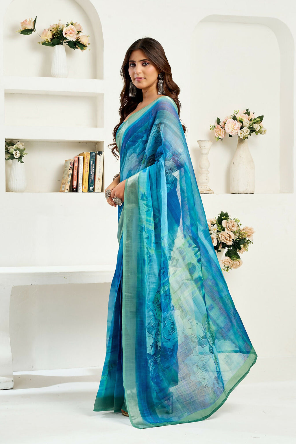 Vastranavya Aqua Blue Digital Printed Linen Ready To Wear Designer Saree with Unstitched Blouse | Grocsy
