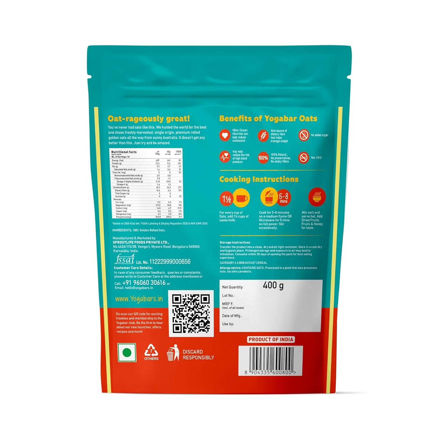 Yoga Bar 100% Rolled Plain Oats | Grocsy