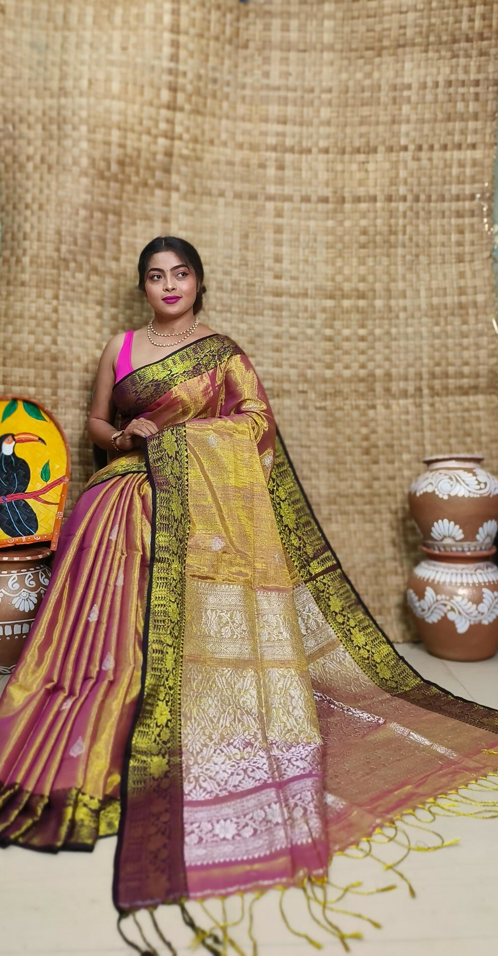 Exclusive Collection Golden Red Beautiful Tissue Benarasi Saree | Grocsy