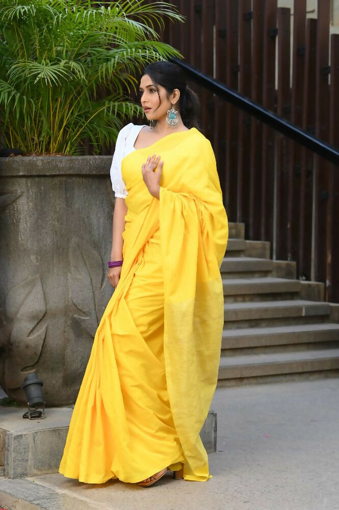 Beatitude Yellow Cotton Ghicha Pallu Saree | Grocsy