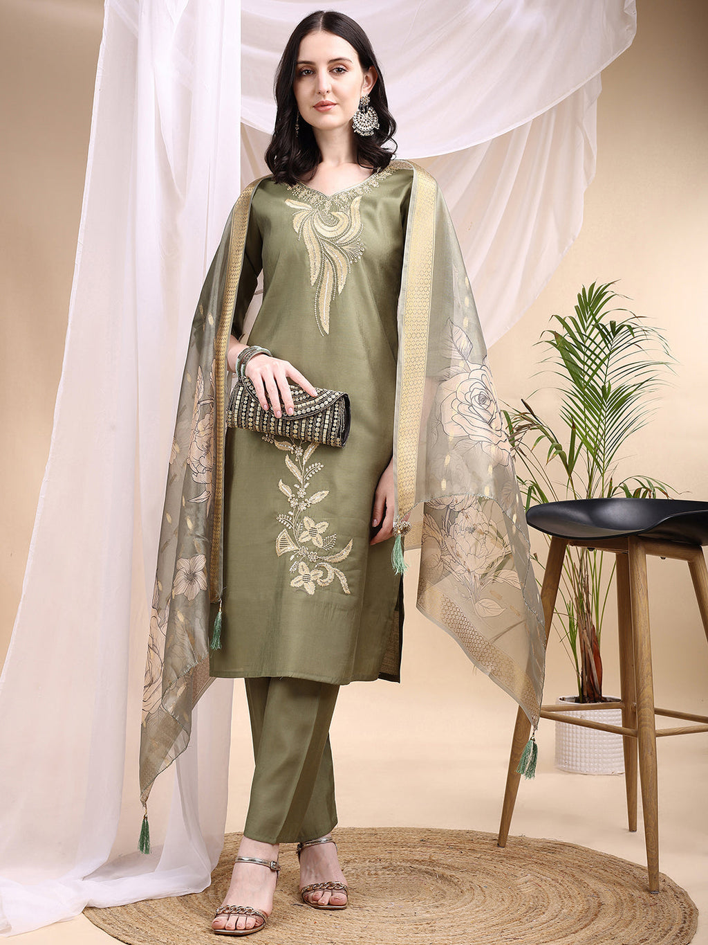 Embroidered Kurta With Pant & Printed Dupatta, Olive - Hiral Fashion | Grocsy