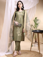 Embroidered Kurta With Pant & Printed Dupatta, Olive - Hiral Fashion | Grocsy