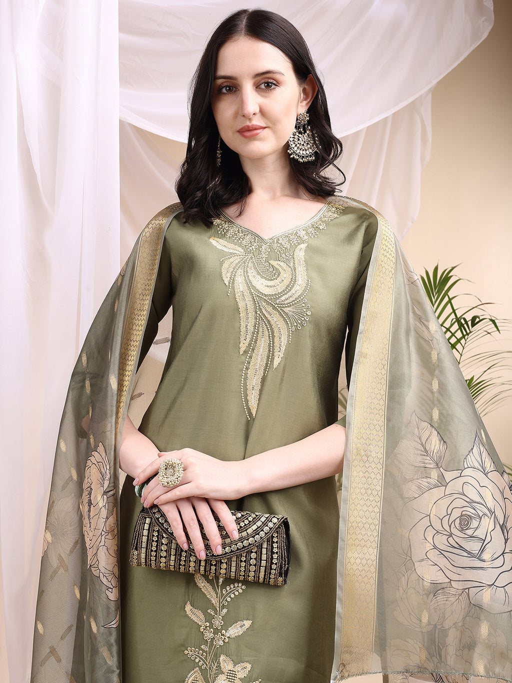 Embroidered Kurta With Pant & Printed Dupatta, Olive - Hiral Fashion | Grocsy
