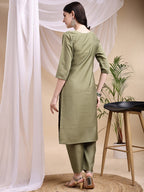 Embroidered Kurta With Pant & Printed Dupatta, Olive - Hiral Fashion | Grocsy