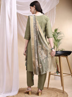 Embroidered Kurta With Pant & Printed Dupatta, Olive - Hiral Fashion | Grocsy
