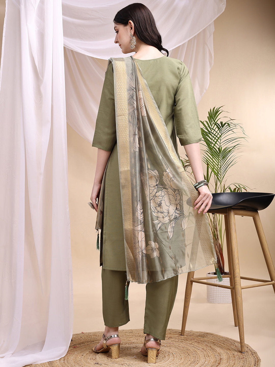Embroidered Kurta With Pant & Printed Dupatta, Olive - Hiral Fashion | Grocsy
