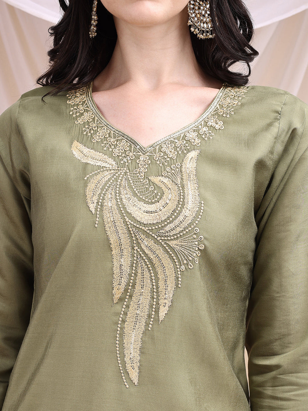 Embroidered Kurta With Pant & Printed Dupatta, Olive - Hiral Fashion | Grocsy