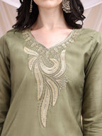 Embroidered Kurta With Pant & Printed Dupatta, Olive - Hiral Fashion | Grocsy