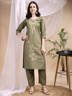 Embroidered Kurta With Pant & Printed Dupatta, Olive - Hiral Fashion | Grocsy