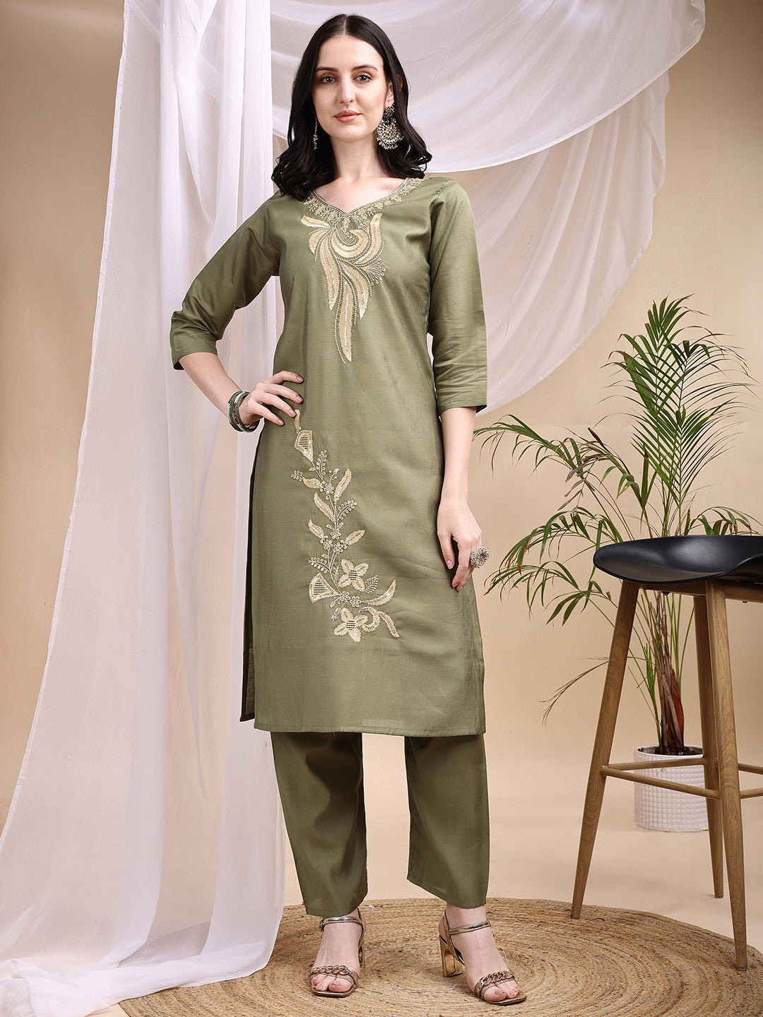 Embroidered Kurta With Pant & Printed Dupatta, Olive - Hiral Fashion | Grocsy