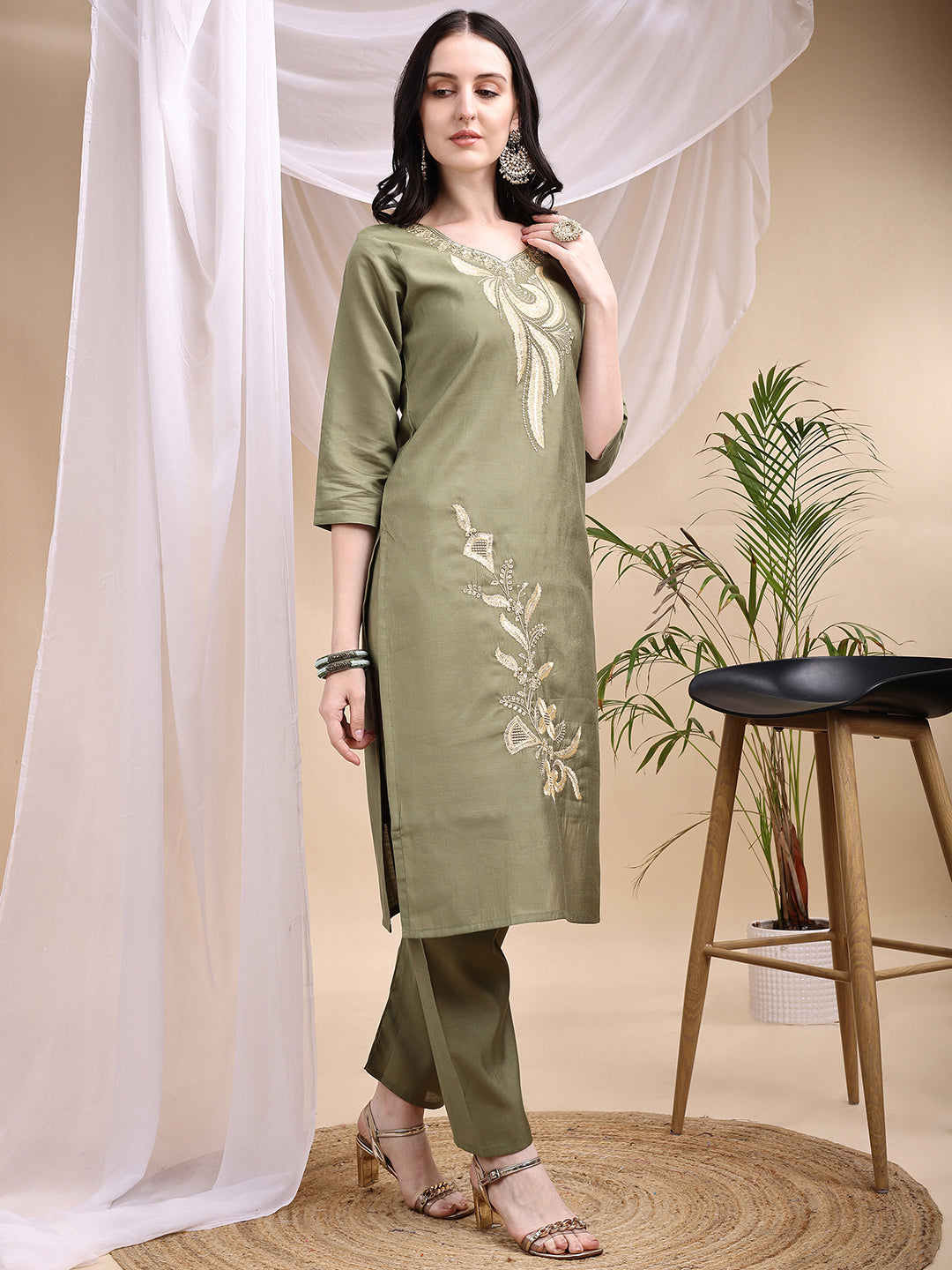 Embroidered Kurta With Pant & Printed Dupatta, Olive - Hiral Fashion | Grocsy