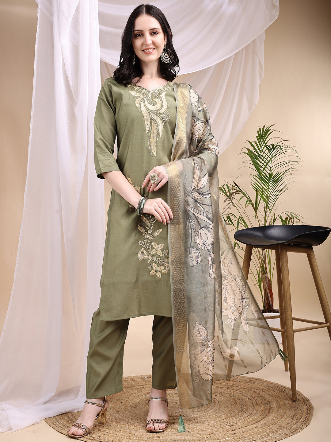 Embroidered Kurta With Pant & Printed Dupatta, Olive - Hiral Fashion | Grocsy