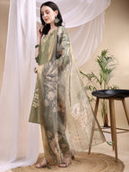 Embroidered Kurta With Pant & Printed Dupatta, Olive - Hiral Fashion | Grocsy