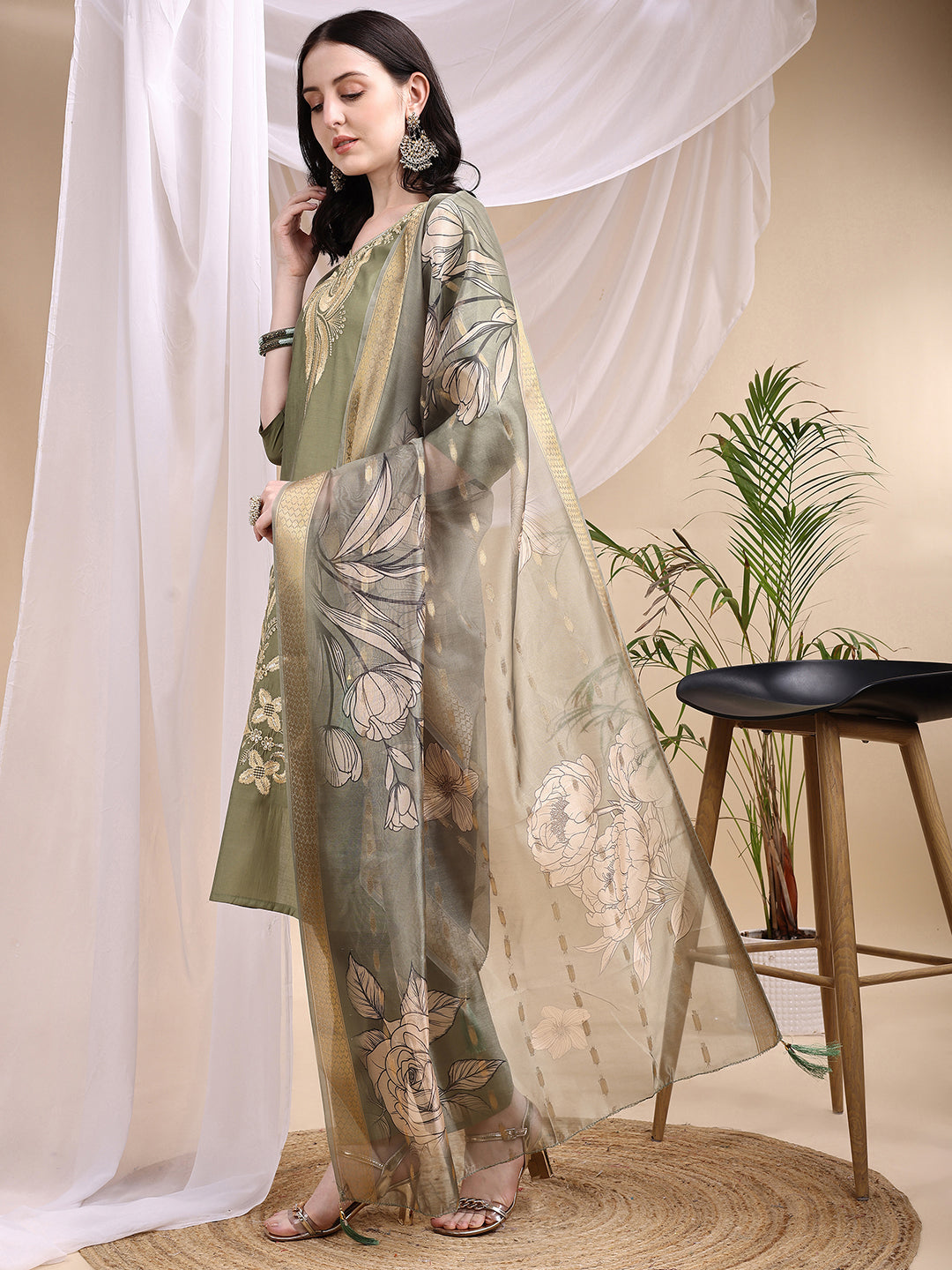 Embroidered Kurta With Pant & Printed Dupatta, Olive - Hiral Fashion | Grocsy