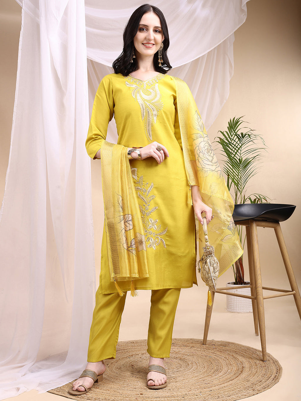 Embroidered Kurta With Pant & Printed Dupatta, Yellow - Hiral Fashion | Grocsy