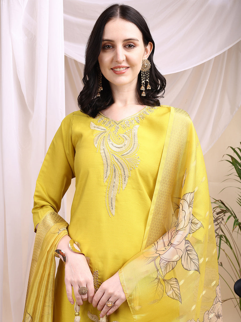 Embroidered Kurta With Pant & Printed Dupatta, Yellow - Hiral Fashion | Grocsy