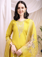 Embroidered Kurta With Pant & Printed Dupatta, Yellow - Hiral Fashion | Grocsy
