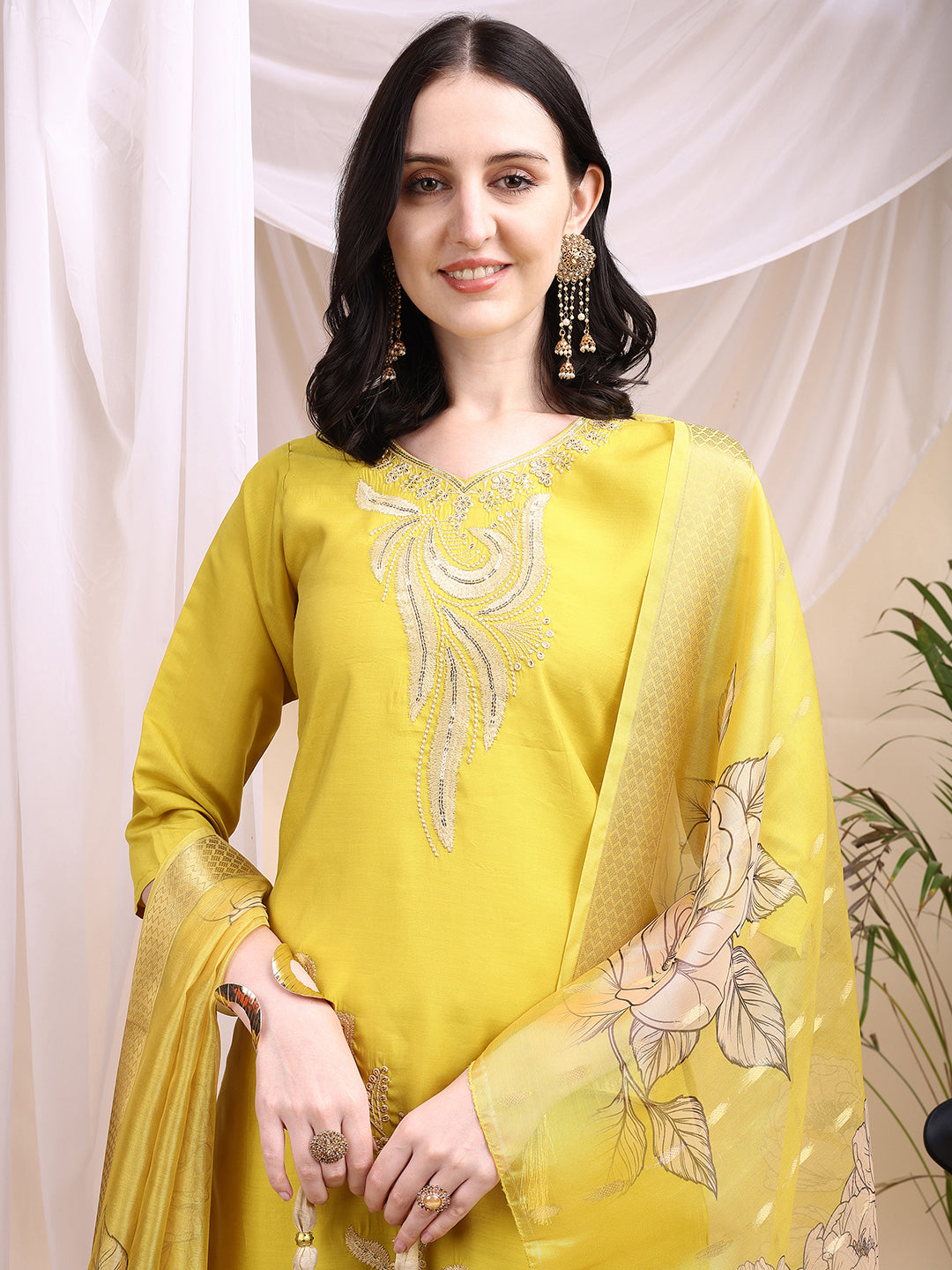 Embroidered Kurta With Pant & Printed Dupatta, Yellow - Hiral Fashion | Grocsy