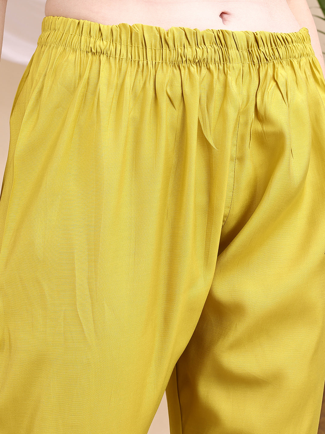 Embroidered Kurta With Pant & Printed Dupatta, Yellow - Hiral Fashion | Grocsy