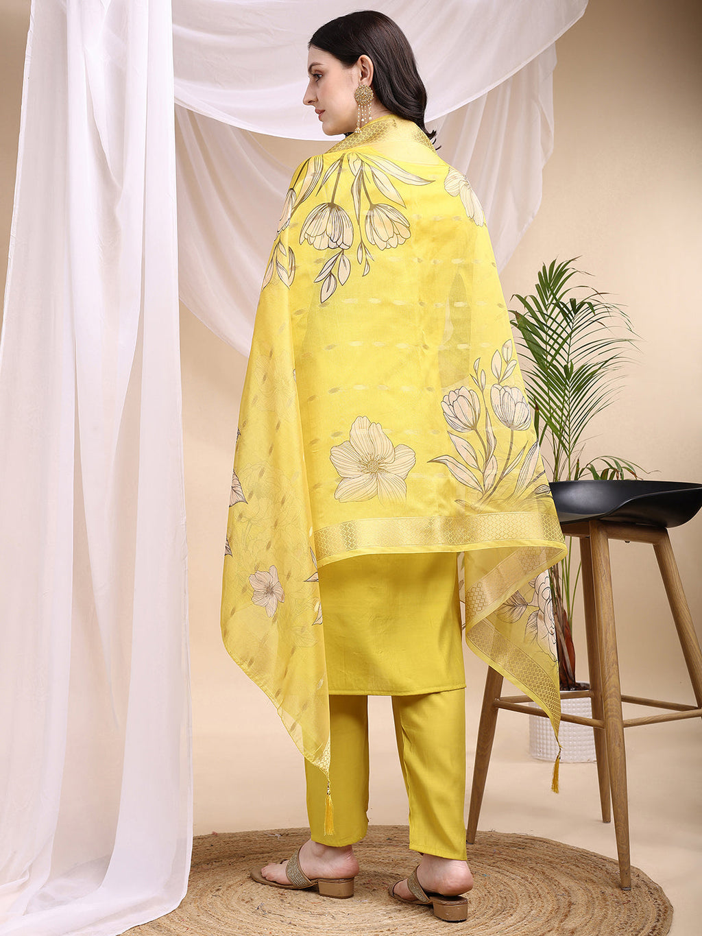 Embroidered Kurta With Pant & Printed Dupatta, Yellow - Hiral Fashion | Grocsy