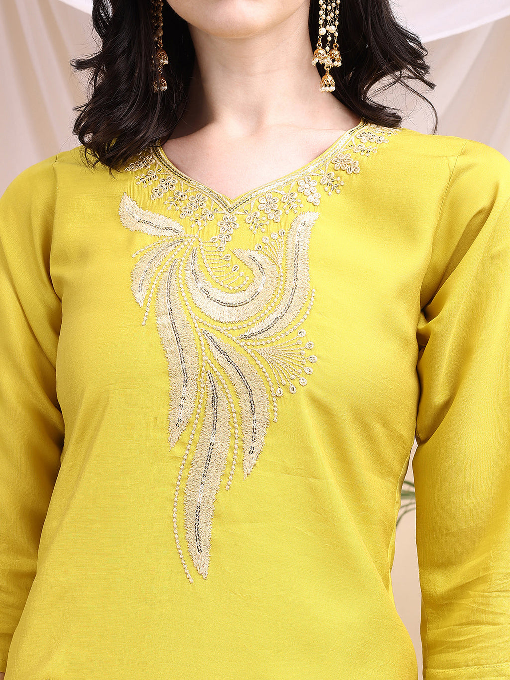Embroidered Kurta With Pant & Printed Dupatta, Yellow - Hiral Fashion | Grocsy
