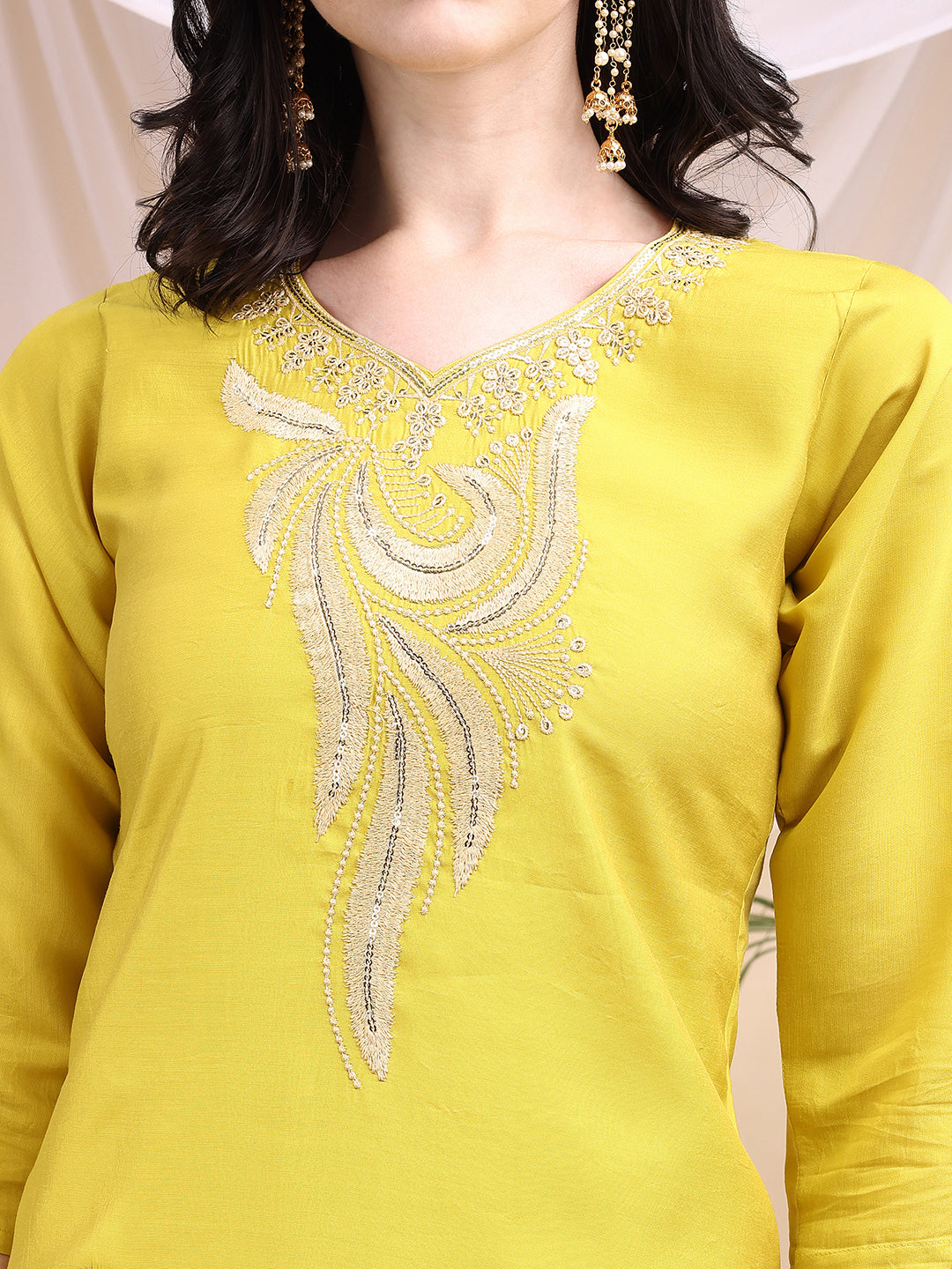 Embroidered Kurta With Pant & Printed Dupatta, Yellow - Hiral Fashion | Grocsy