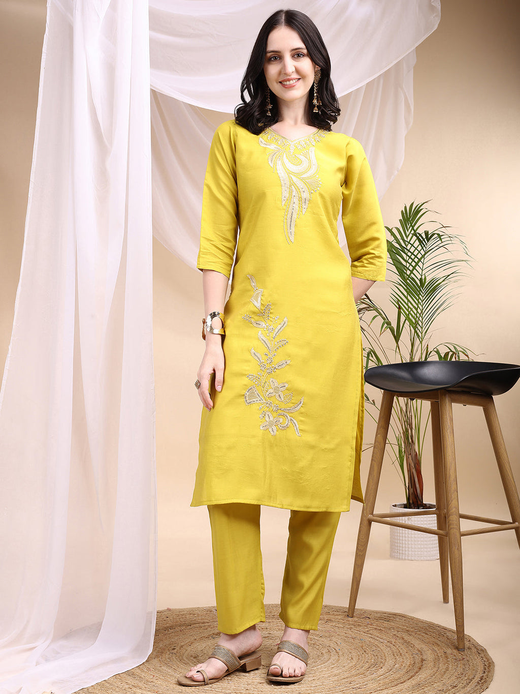 Embroidered Kurta With Pant & Printed Dupatta, Yellow - Hiral Fashion | Grocsy