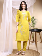 Embroidered Kurta With Pant & Printed Dupatta, Yellow - Hiral Fashion | Grocsy
