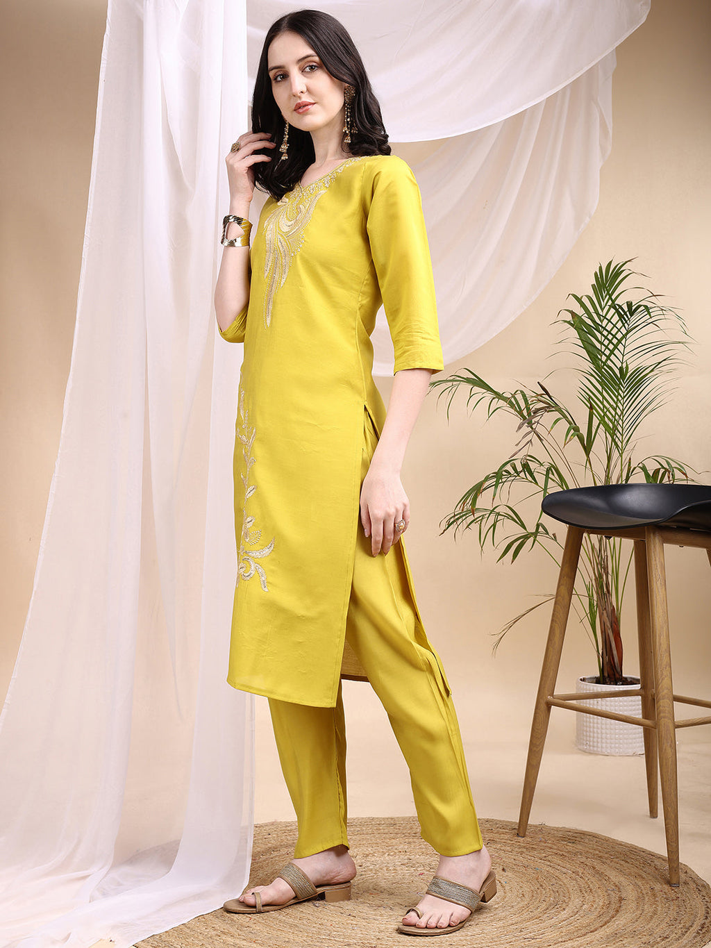 Embroidered Kurta With Pant & Printed Dupatta, Yellow - Hiral Fashion | Grocsy