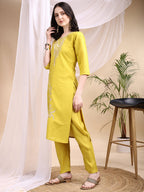 Embroidered Kurta With Pant & Printed Dupatta, Yellow - Hiral Fashion | Grocsy