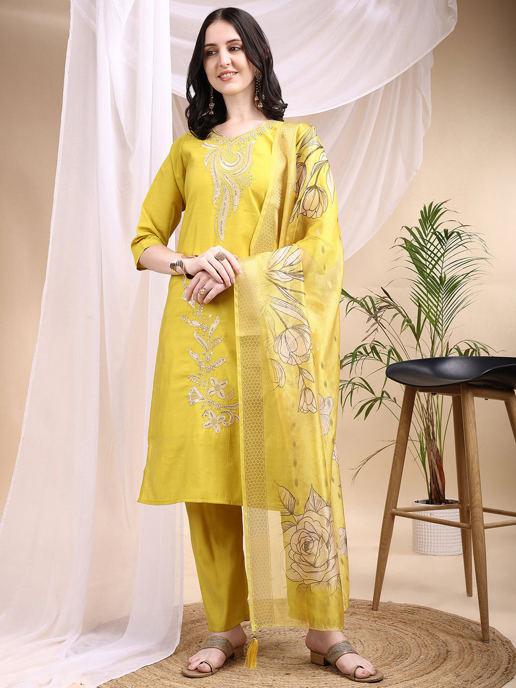 Embroidered Kurta With Pant & Printed Dupatta, Yellow - Hiral Fashion | Grocsy