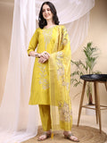 Embroidered Kurta With Pant & Printed Dupatta, Yellow - Hiral Fashion | Grocsy