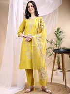 Embroidered Kurta With Pant & Printed Dupatta, Yellow - Hiral Fashion | Grocsy