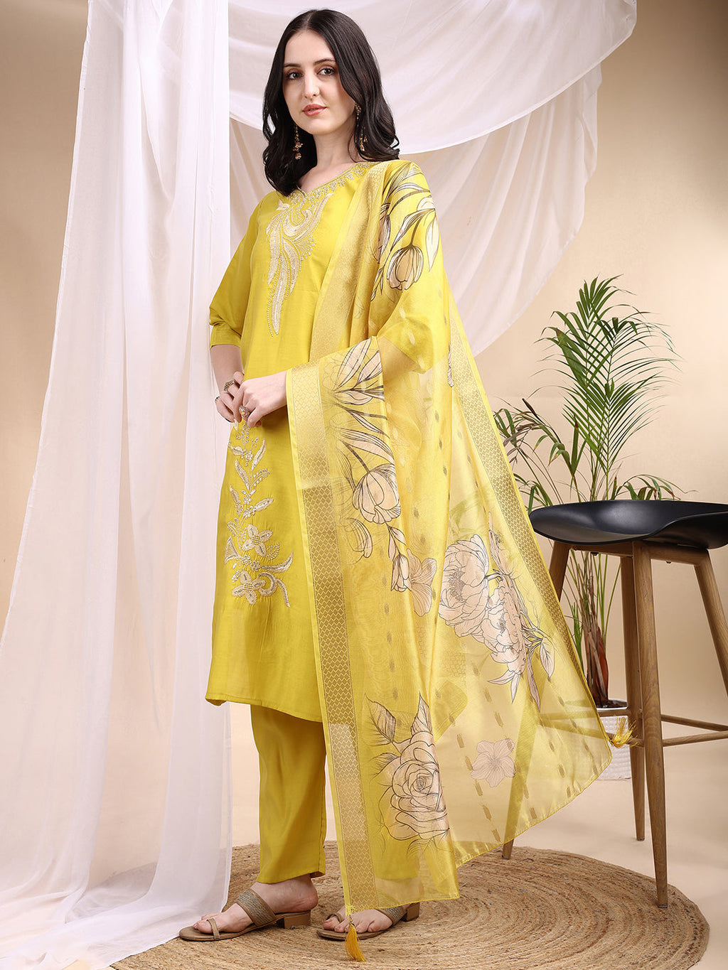 Embroidered Kurta With Pant & Printed Dupatta, Yellow - Hiral Fashion | Grocsy
