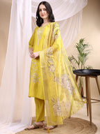 Embroidered Kurta With Pant & Printed Dupatta, Yellow - Hiral Fashion | Grocsy