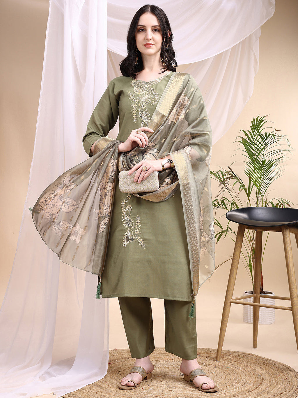 Embroidered Kurta With Pant & Printed Dupatta, Olive - Hiral Fashion | Grocsy