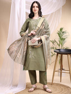 Embroidered Kurta With Pant & Printed Dupatta, Olive - Hiral Fashion | Grocsy