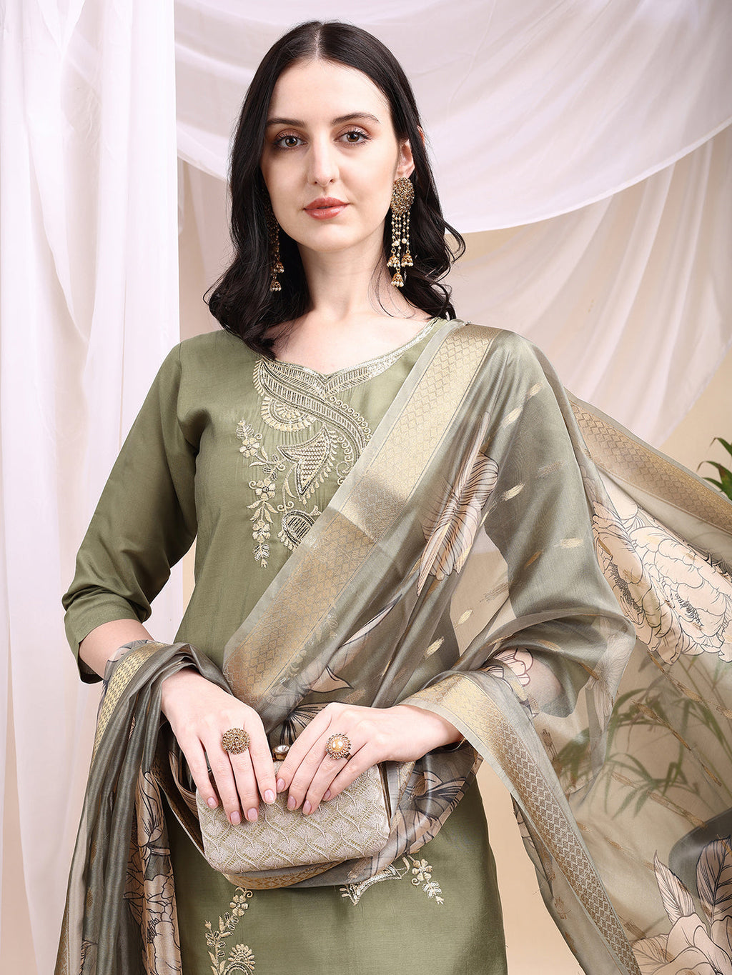 Embroidered Kurta With Pant & Printed Dupatta, Olive - Hiral Fashion | Grocsy
