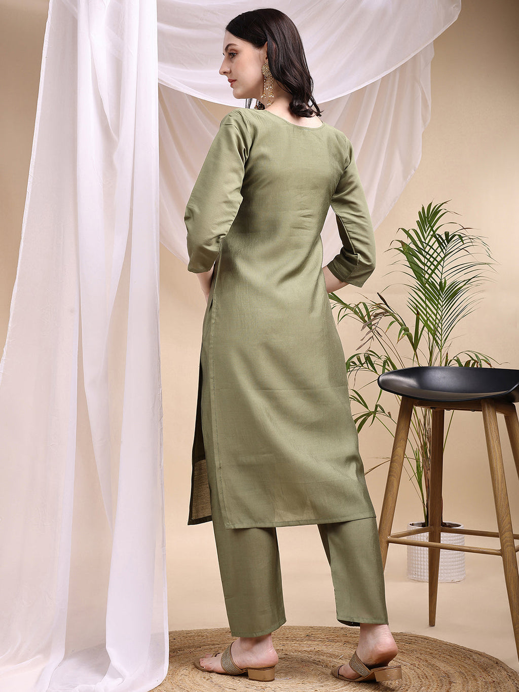 Embroidered Kurta With Pant & Printed Dupatta, Olive - Hiral Fashion | Grocsy