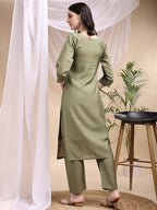 Embroidered Kurta With Pant & Printed Dupatta, Olive - Hiral Fashion | Grocsy