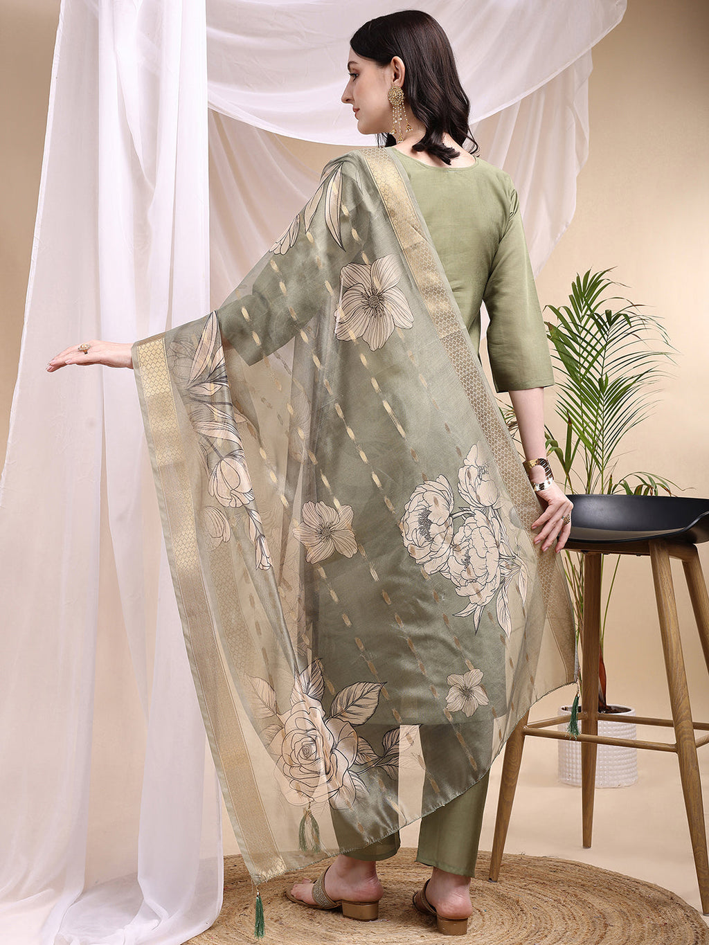Embroidered Kurta With Pant & Printed Dupatta, Olive - Hiral Fashion | Grocsy